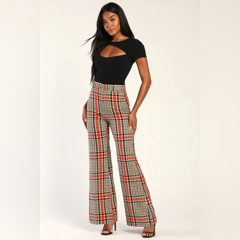 NWT Free People Jules Orange Black Cream Plaid Flare Pants Sz 12 Short - Picture 5 of 15